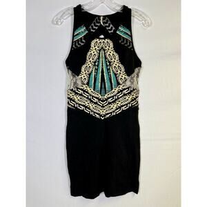 VTG Y2K Free People Short Fitted Stretch Cotton Dress Size S Black Boho Aztec